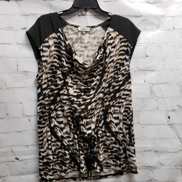 Calvin Klein Tops - Calvin Klein XL Animal Print Cinch draw string waist Cowl Neck peplum hem blouse